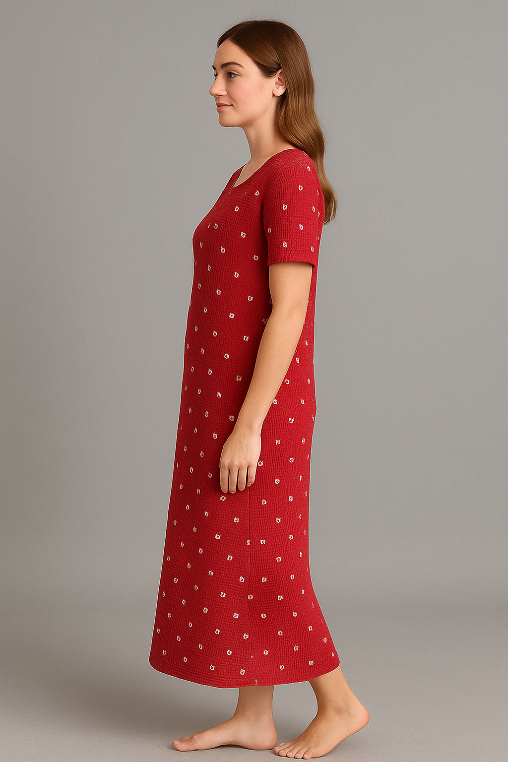 Red Ribbed Heart Print Midi Dress