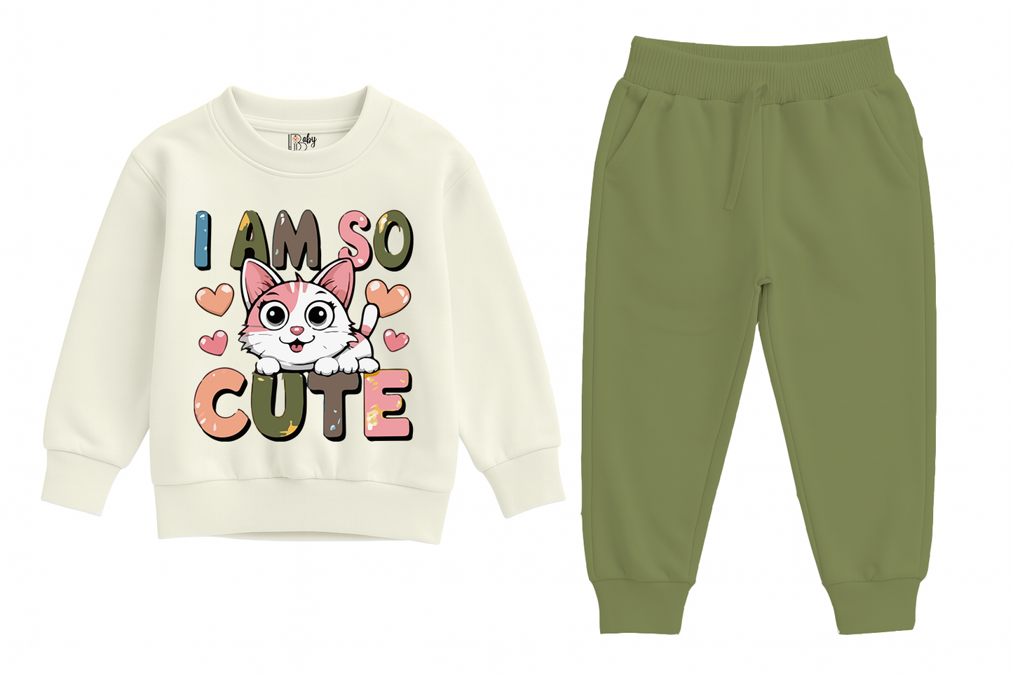 I Am So Cute Sweatshirt & Jogger Cream & Olive Set