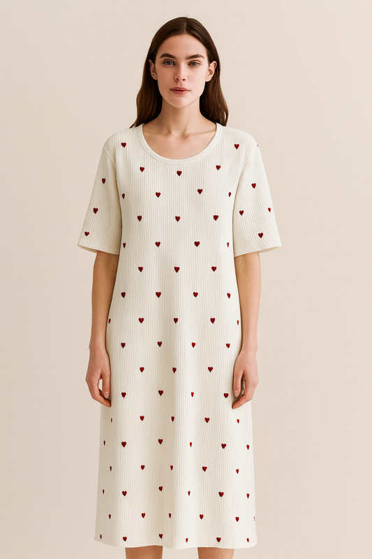 Ribbed Heart-Print Night Dress