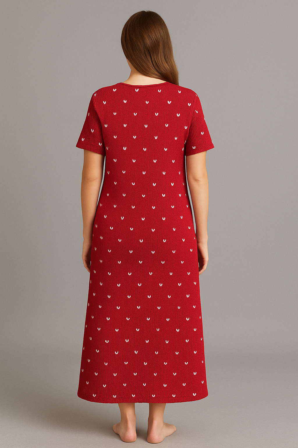 Red Ribbed Heart Print Midi Dress