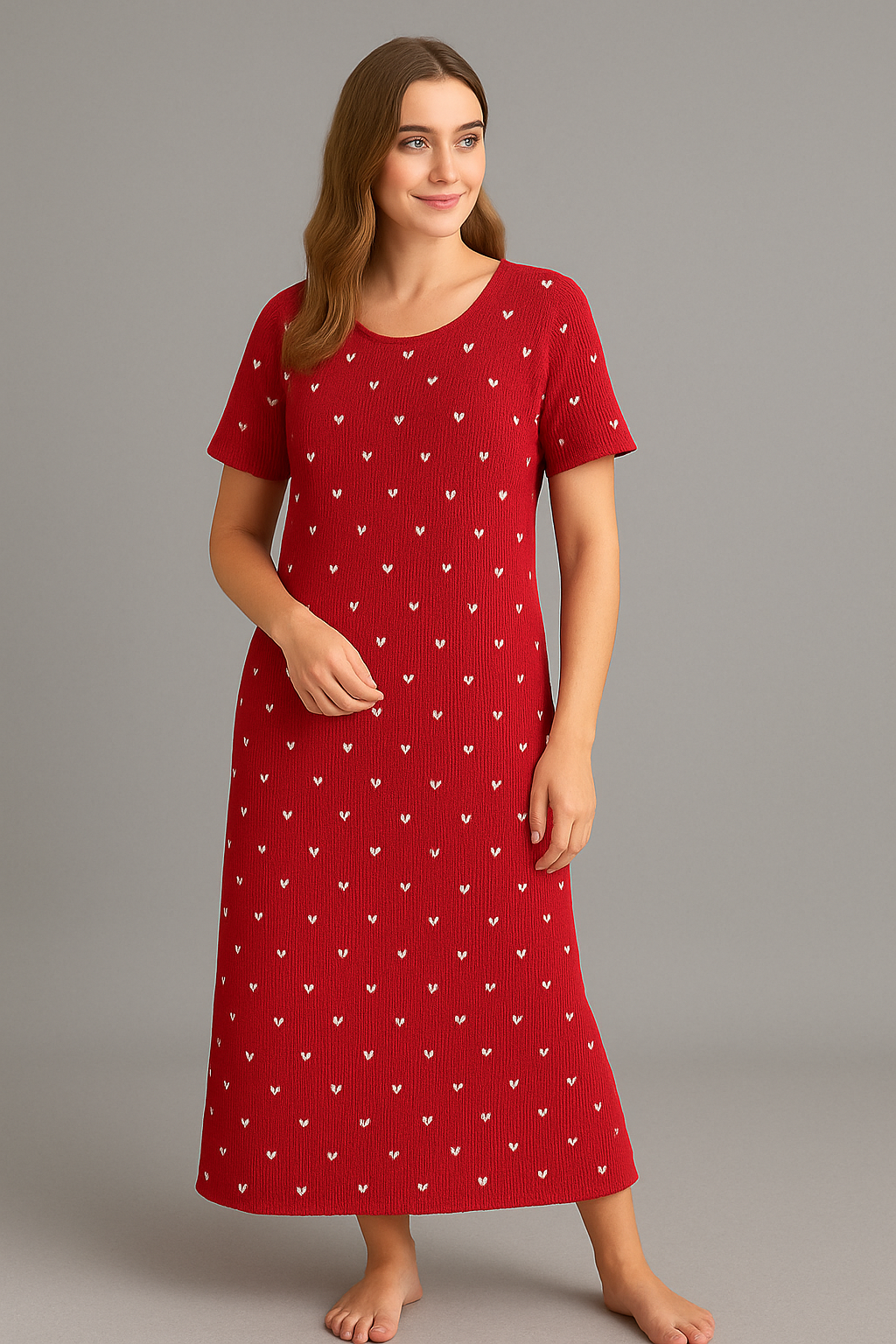 Red Ribbed Heart Print Midi Dress