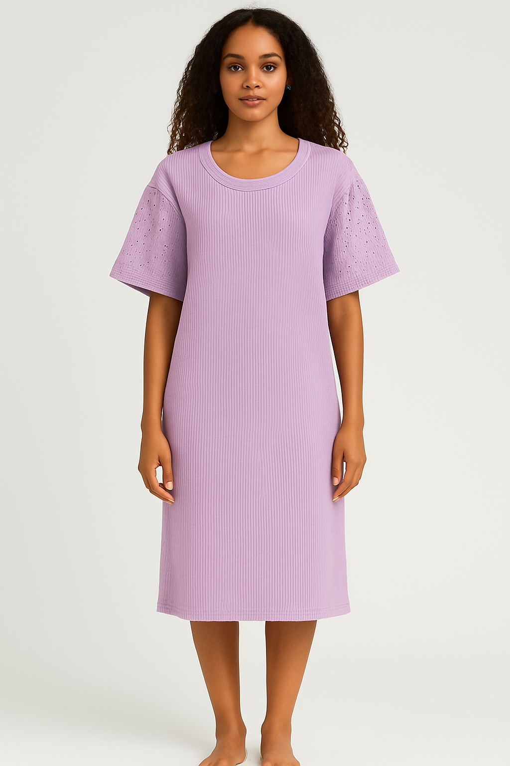 Lavender Ribbed Midi Dress with Eyelet Sleeves