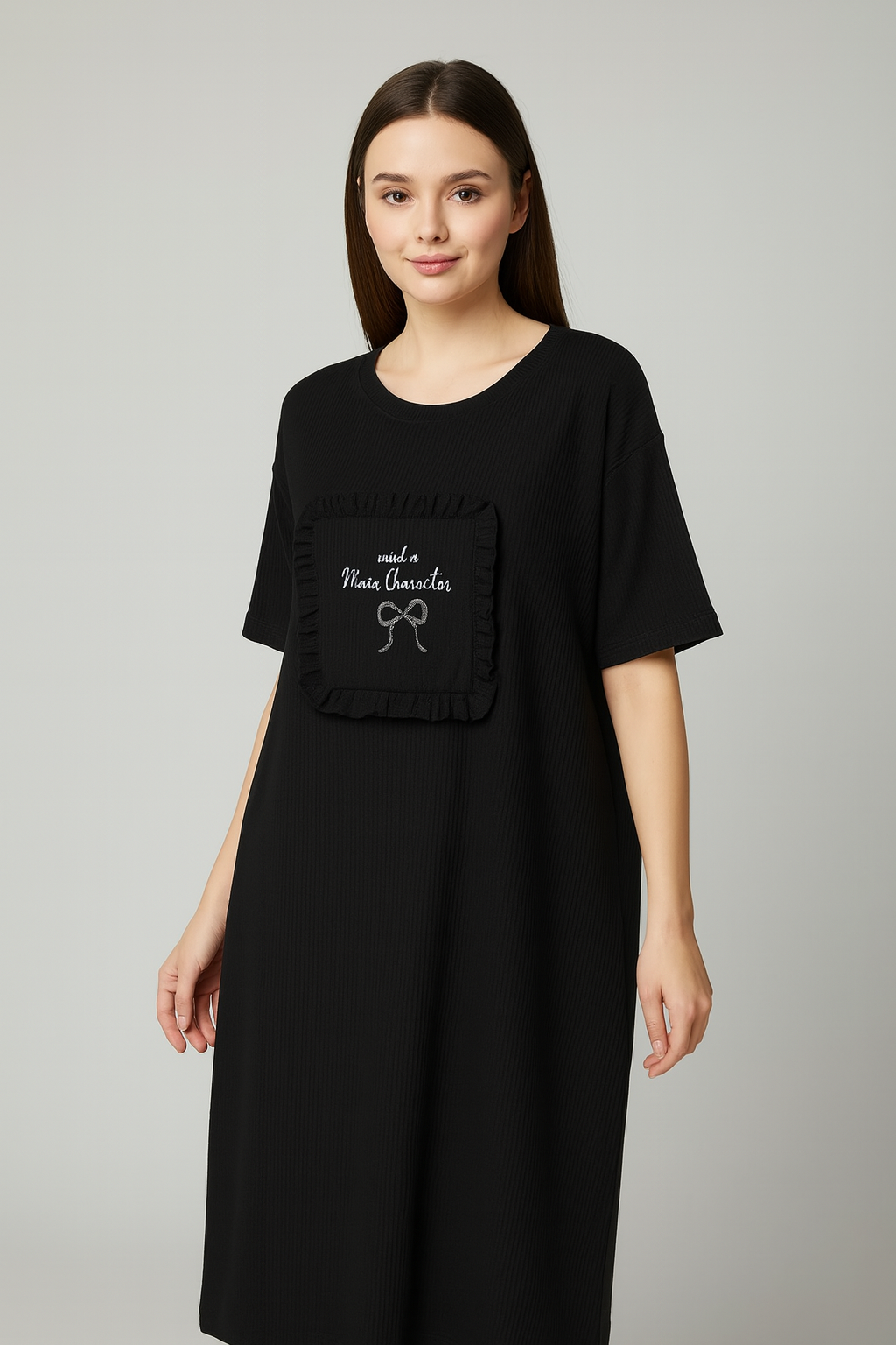 Black Ribbed Midi Dress with Statement Front Patch