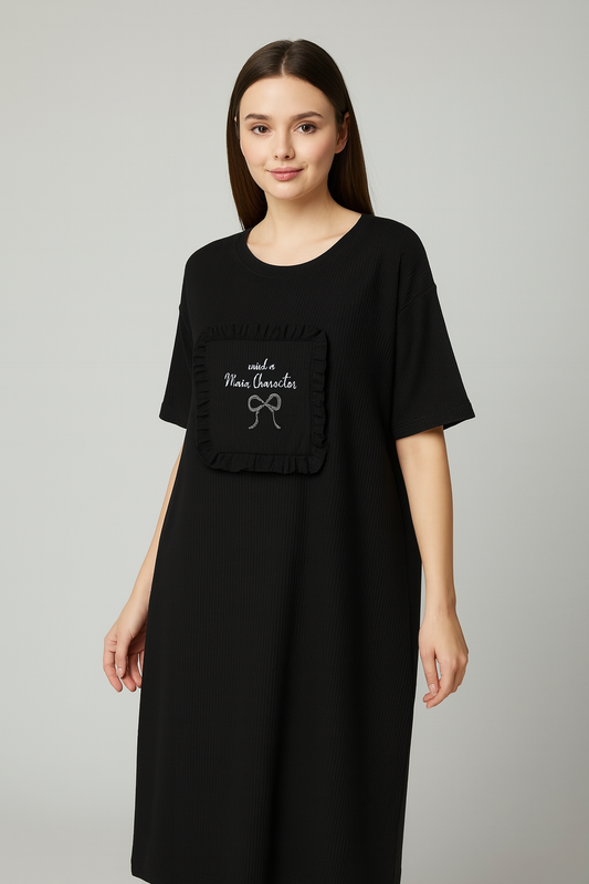 Black Ribbed Midi Dress with Statement Front Patch