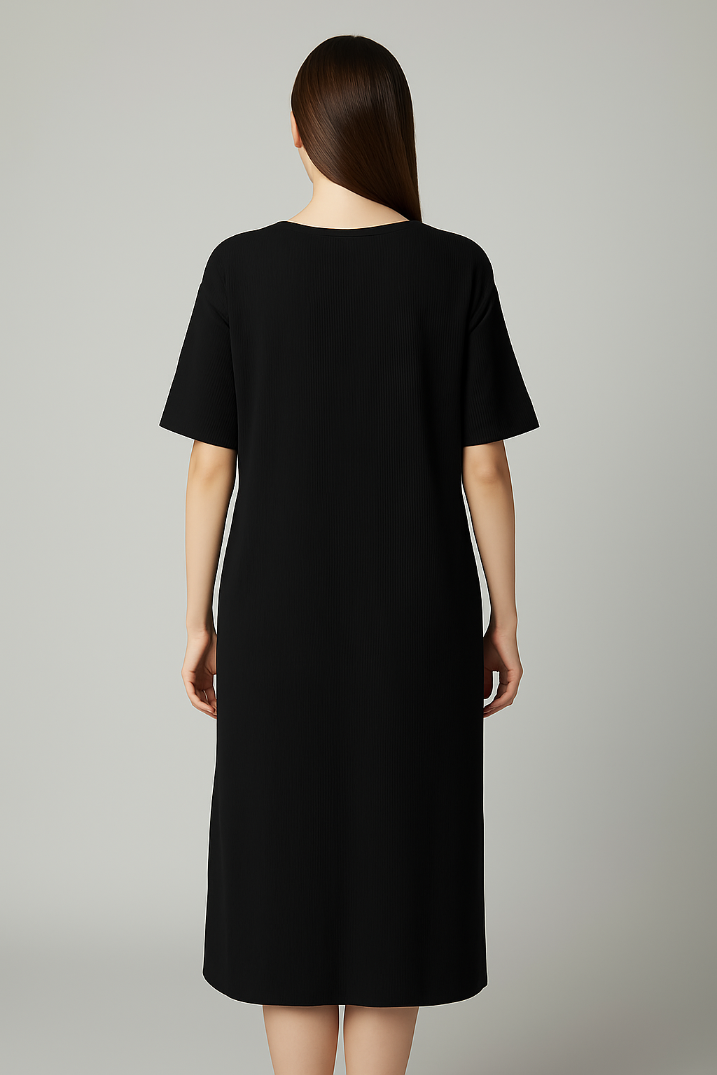 Black Ribbed Midi Dress with Statement Front Patch