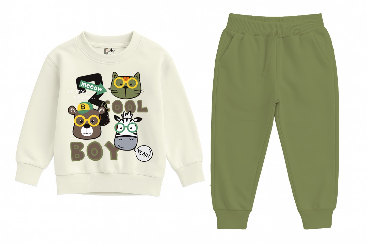 Cool Boy Animal Sweatshirt & Jogger Cream & Olive Set