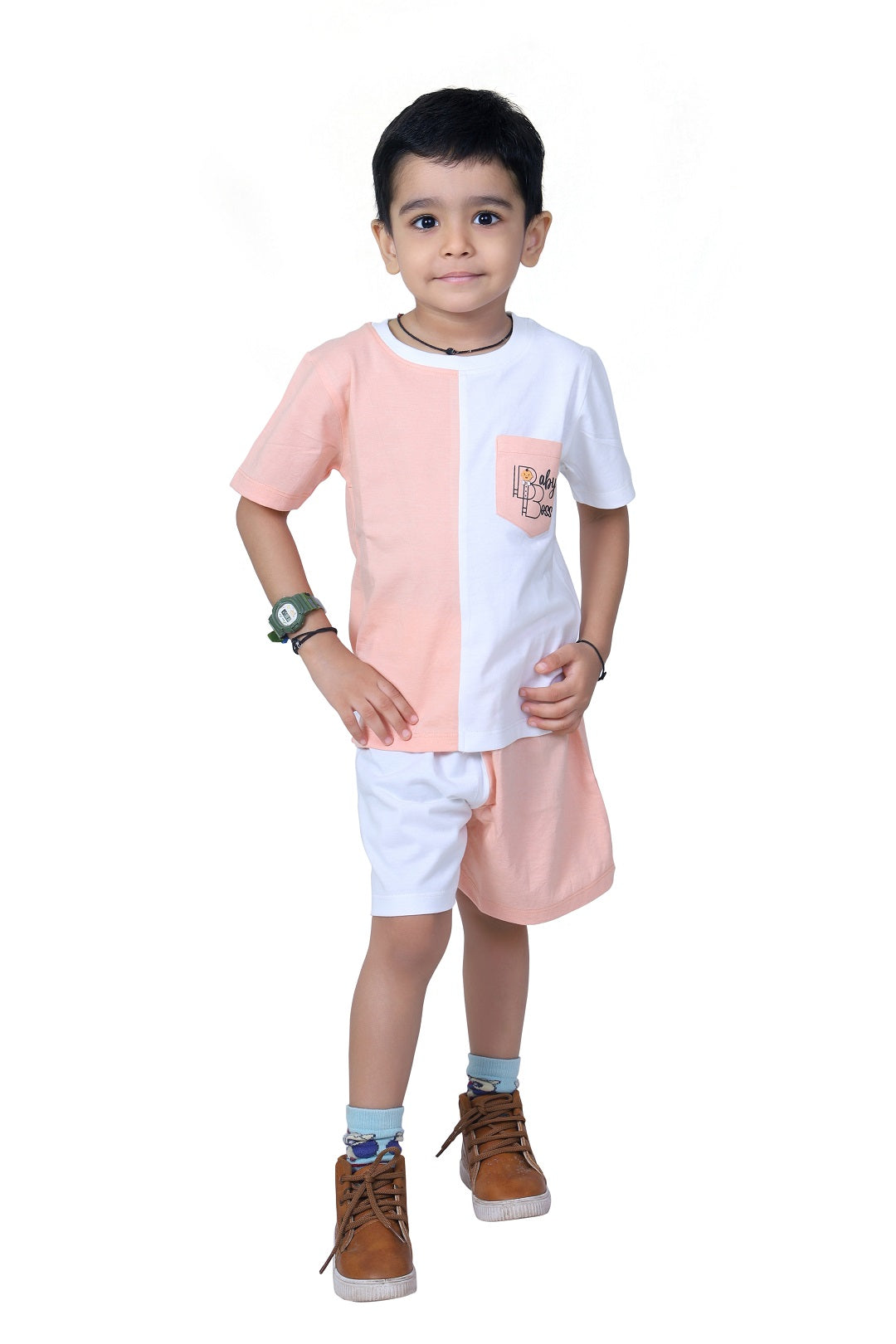 BabyBoss Dual Coloured Block Pattern Pocket Print T-Shirt & Short Set