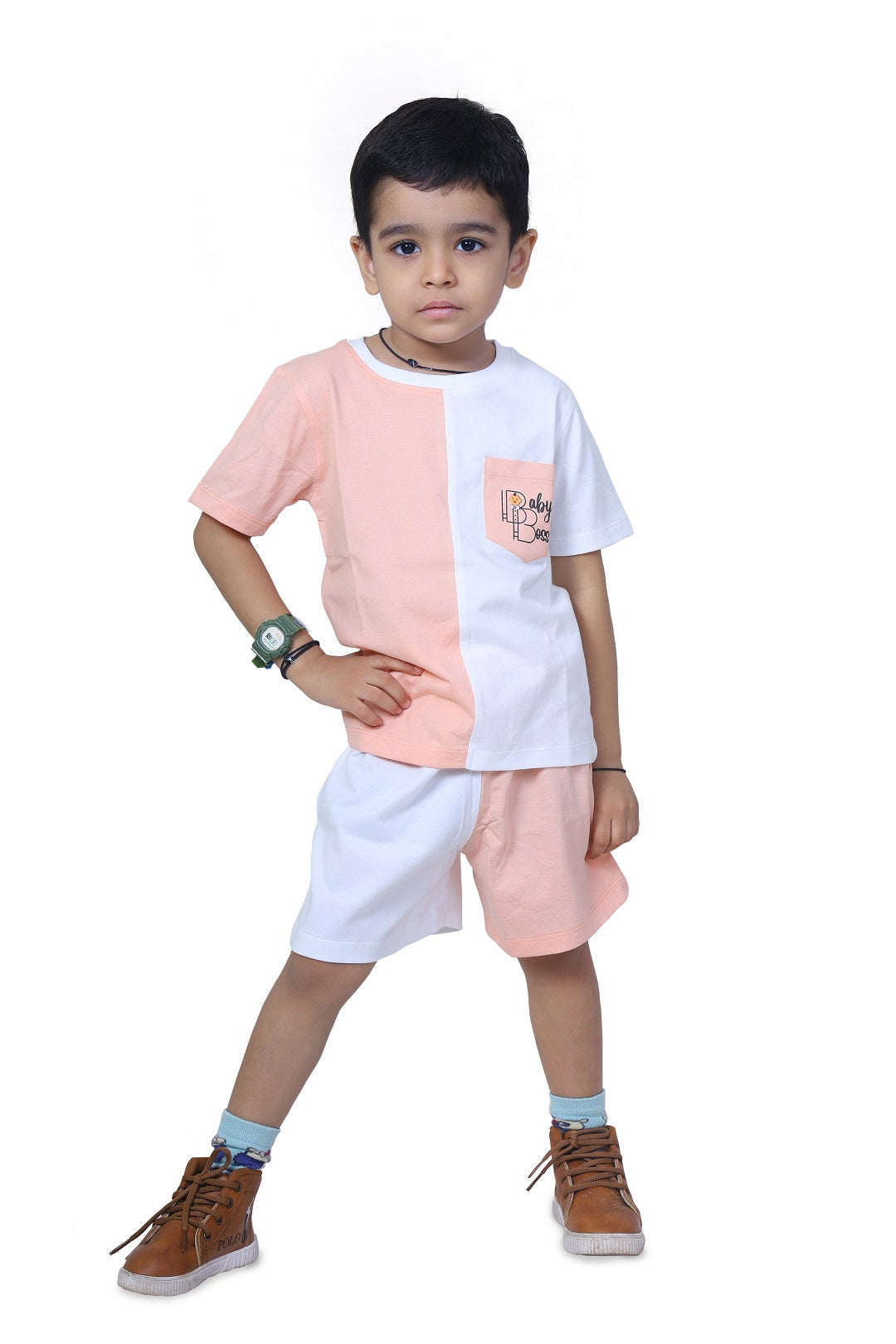 BabyBoss Dual Coloured Block Pattern Pocket Print T-Shirt & Short Set